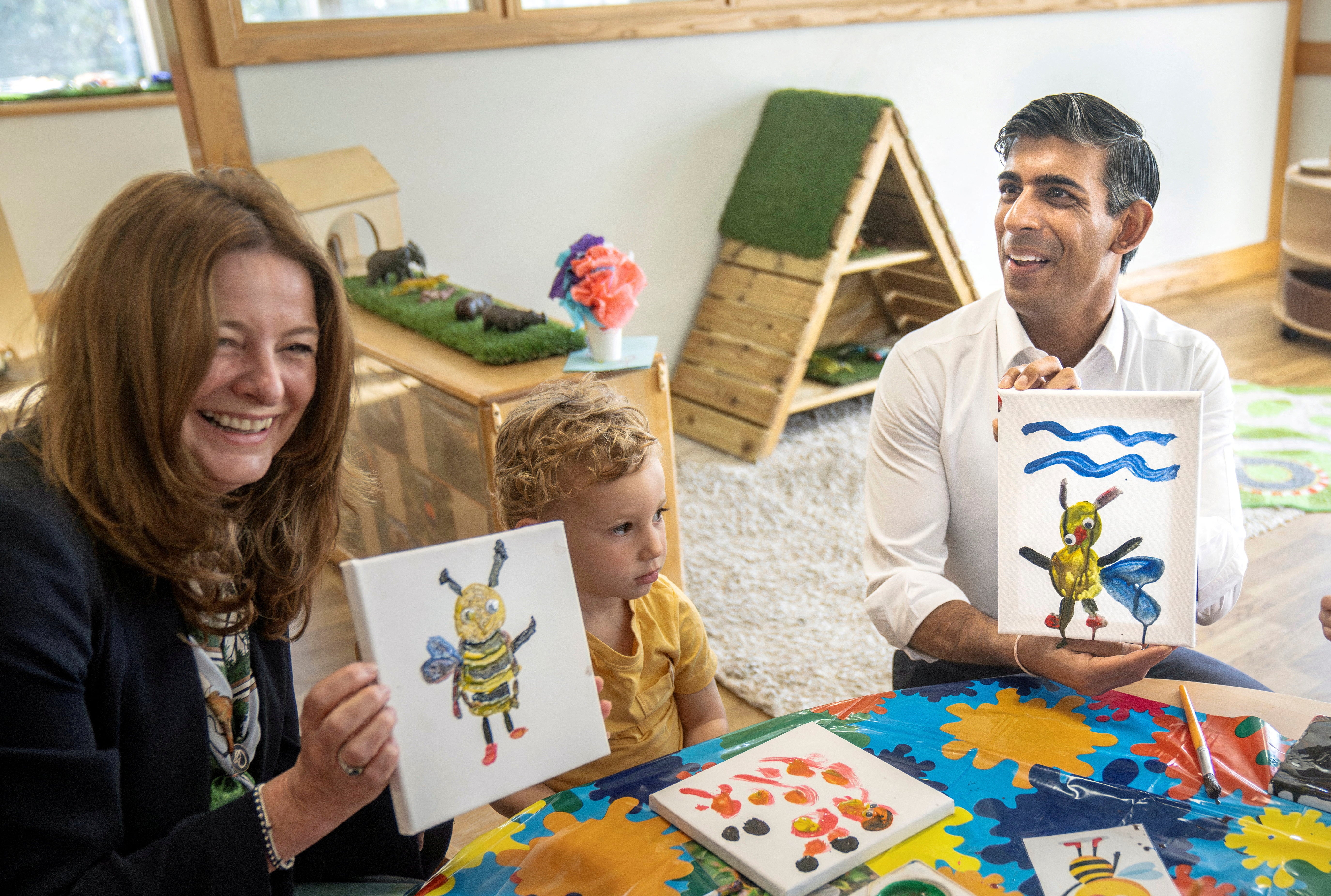 Education secretary Gillian Keegan with prime minister Rishi Sunak at the Busy Bees nursery in Harrogate, North Yorkshire