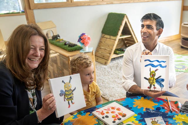 <p>Education secretary Gillian Keegan with prime minister Rishi Sunak at the Busy Bees nursery in Harrogate, North Yorkshire</p>