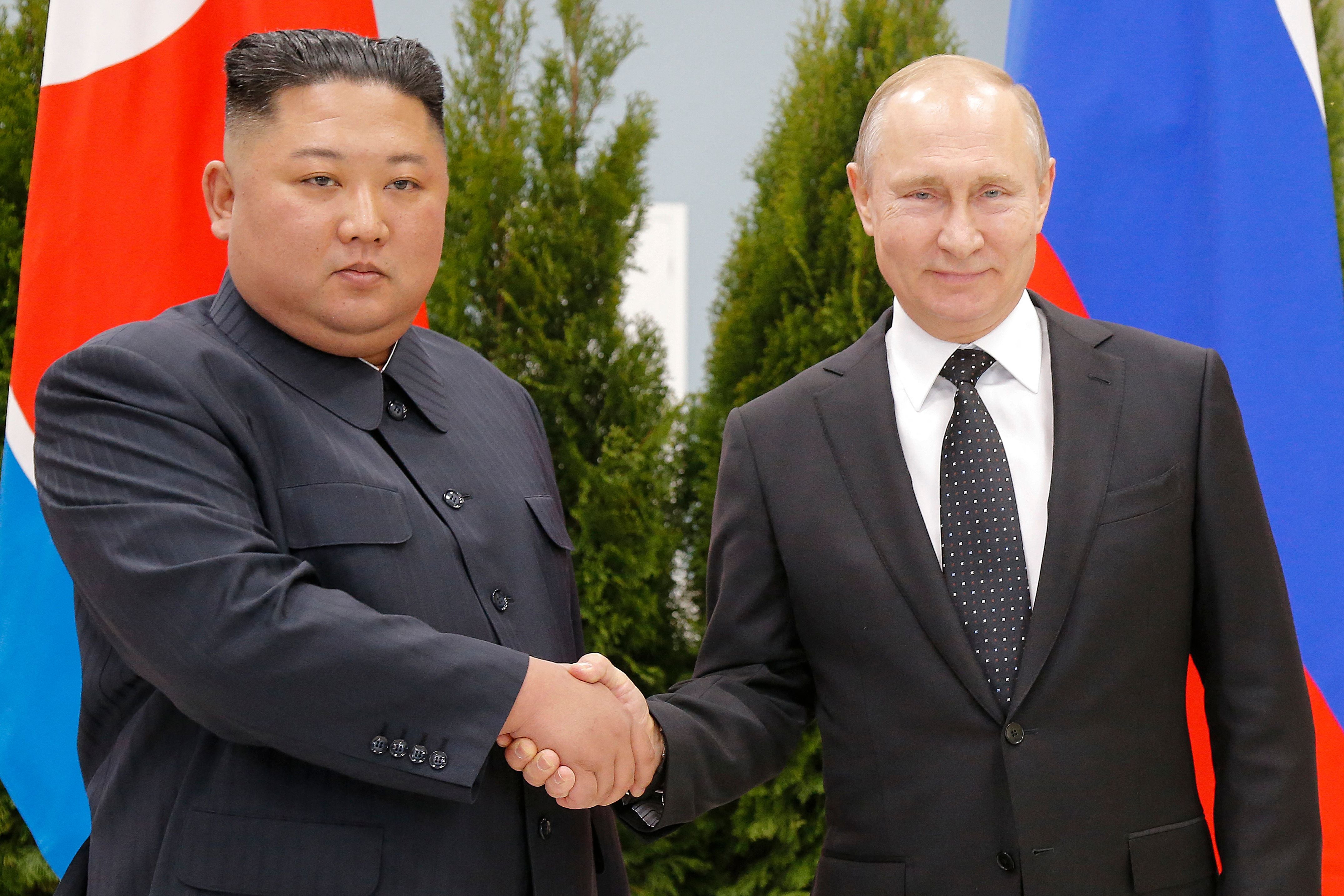Russian president Vladimir Putin, right, and North Korean leader Kim Jong-un during a meeting in Vladivostok in 2019