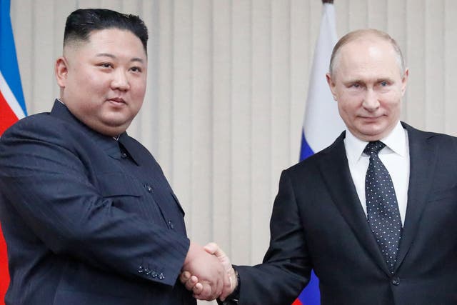 <p>Russian President Vladimir Putin meets with Kim Jong-un during the North Korean leader’s last visit to Vladivostok in 2019 </p>