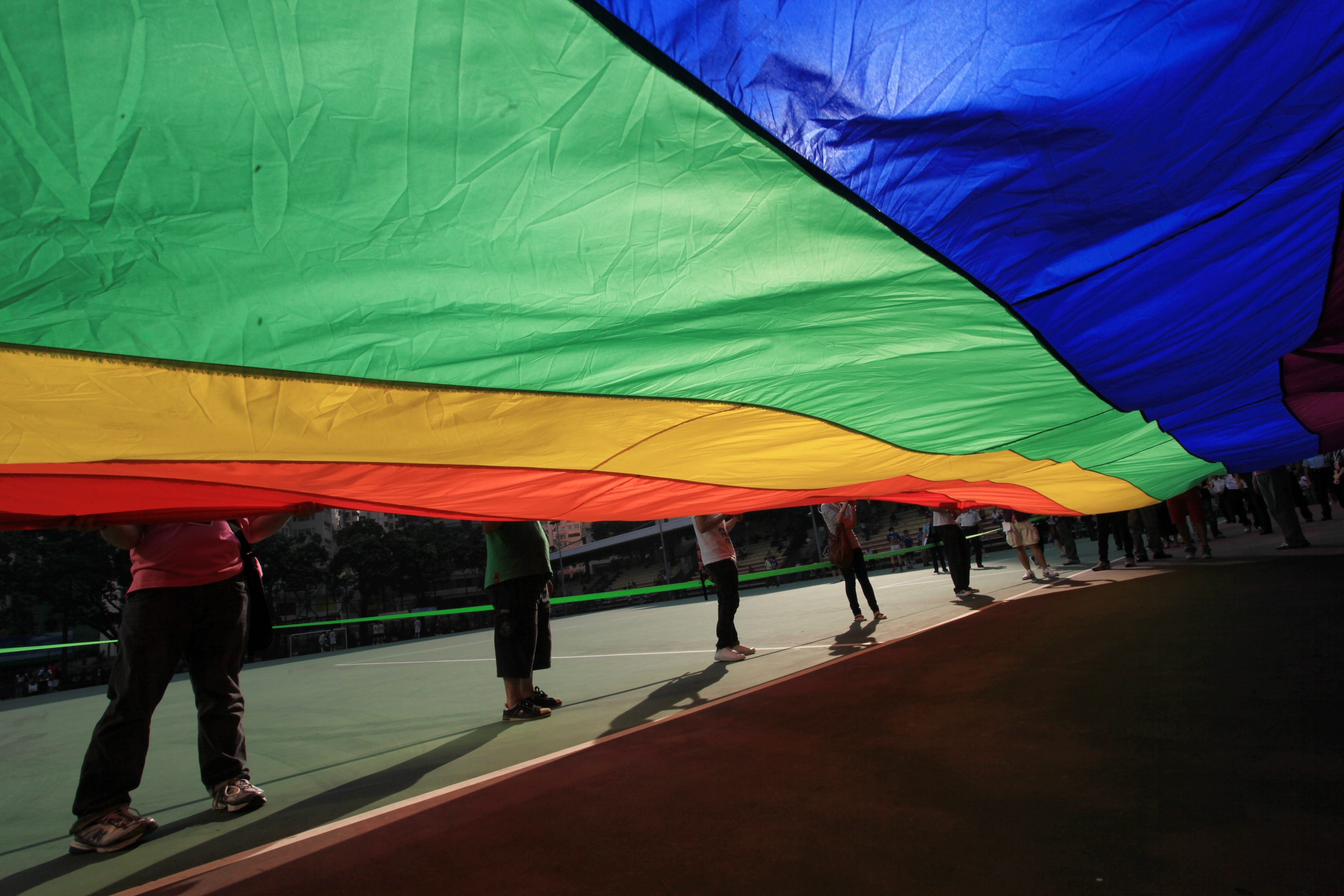 File: Participants carry a rainbow flag as they rally during the Hong Kong Pride Parade in 2009