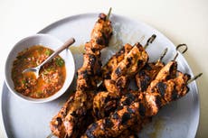 For juicier Turkish grilled chicken skewers, think strips not chunks