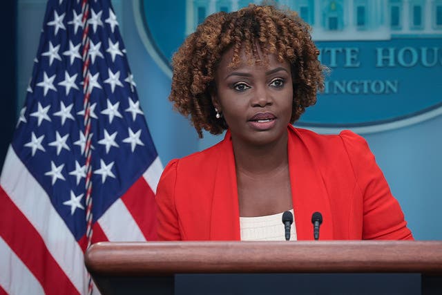 <p>White House press secretary Karine Jean-Pierre speaks during the daily press briefing at the White House on August 29, 2023</p>