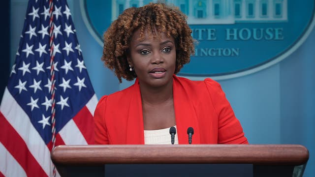 <p>White House press secretary Karine Jean-Pierre speaks during the daily press briefing at the White House on August 29, 2023</p>