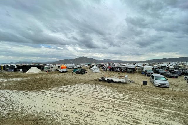 <p>Camps are set on a muddy desert plain on September 2, 2023, after heavy rains turned the annual Burning Man festival site in Nevada's Black Rock desert into a mud pit. </p>