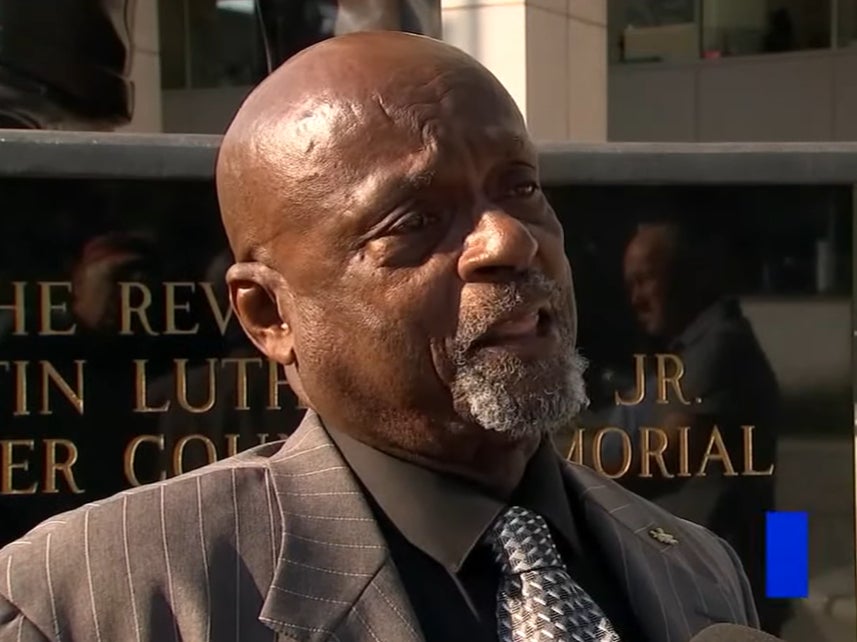 Leonard Mack breaks down while speaking with the media following his exoneration 47 years after he was found guilty of rape in 1976. Screengrab