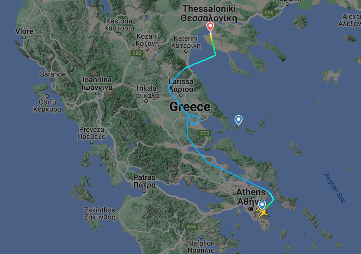 On tour: flight path of Jet2 service that had been diverted to Athens, and made a second attempt before landing at Thessaloniki