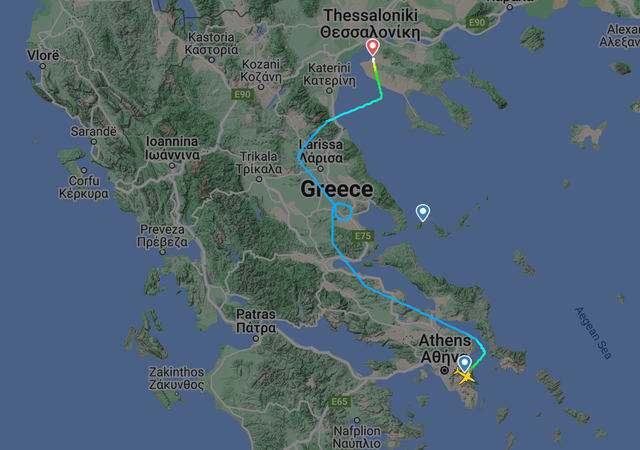 <p>On tour: flight path of Jet2 service that had been diverted to Athens, and made a second attempt before landing at Thessaloniki</p>