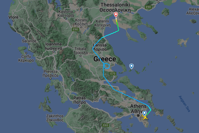 <p>On tour: flight path of Jet2 service that had been diverted to Athens, and made a second attempt before landing at Thessaloniki</p>