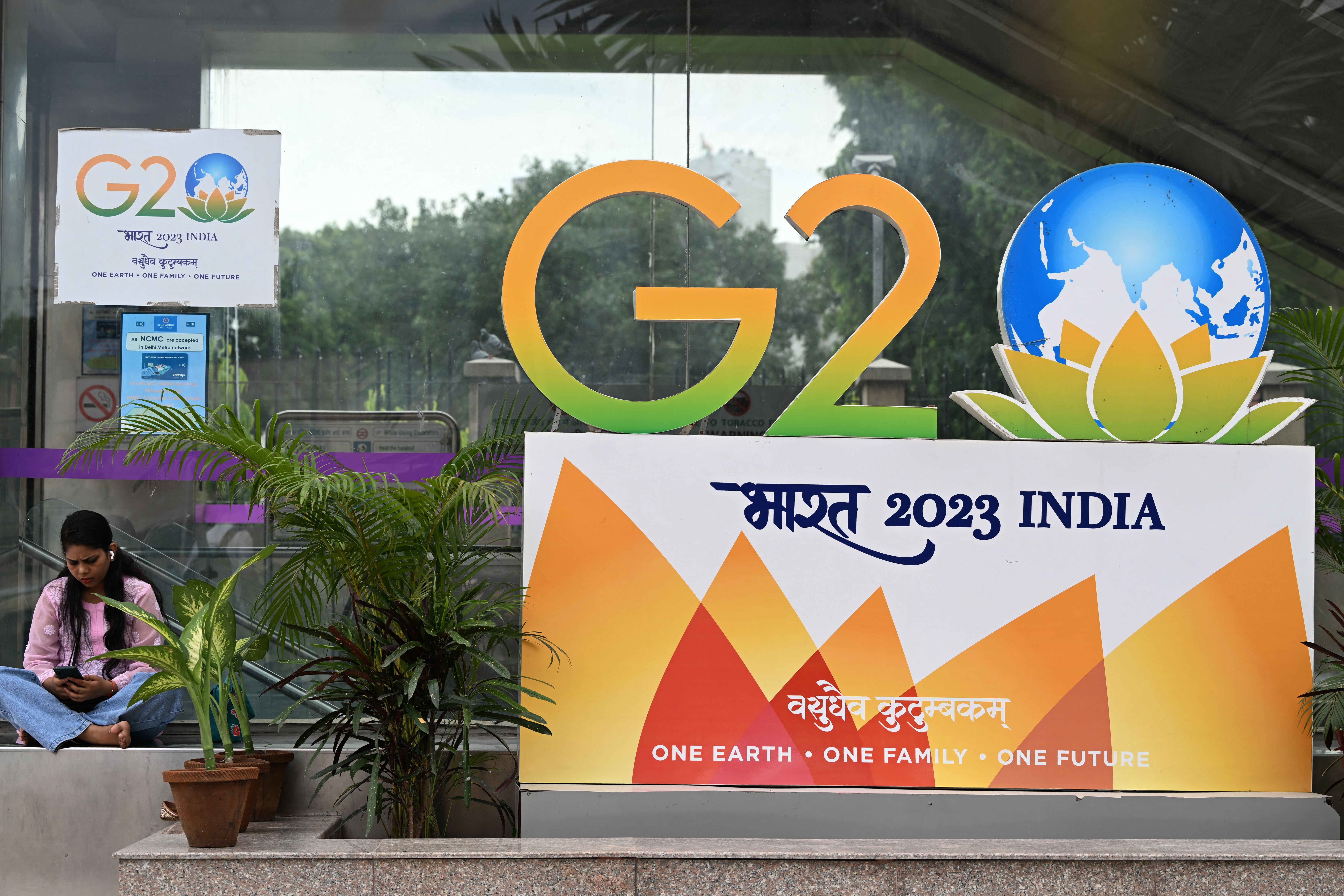 This year’s G20 logo is an image of a globe inside a lotus, using the colours of the Indian flag