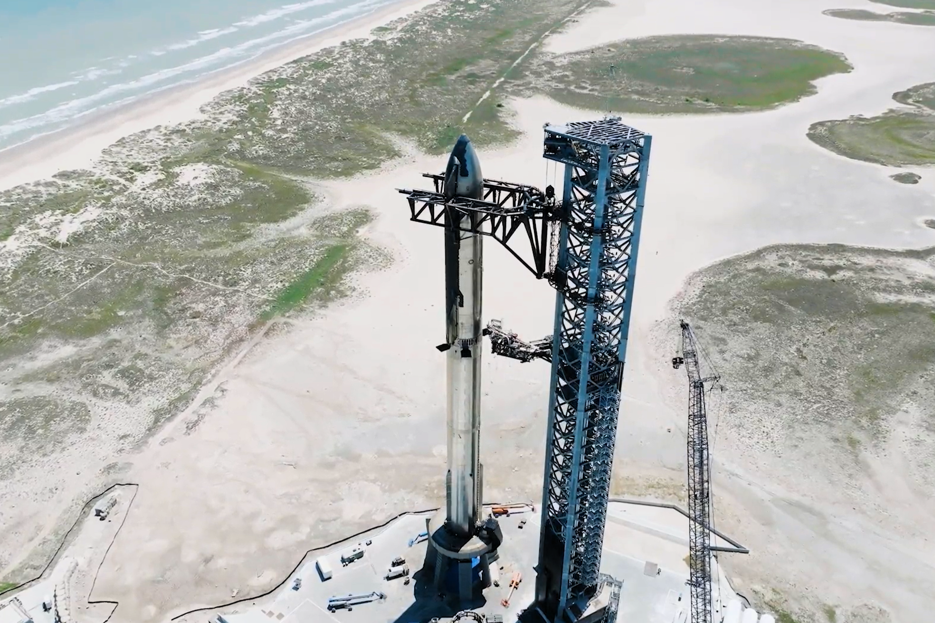 SpaceX shared footage of its fully-stacked Starship rocket on the launchpad of its Starbase facility near Boca Chica, Texas, on Wednesday, 6 September, 2023