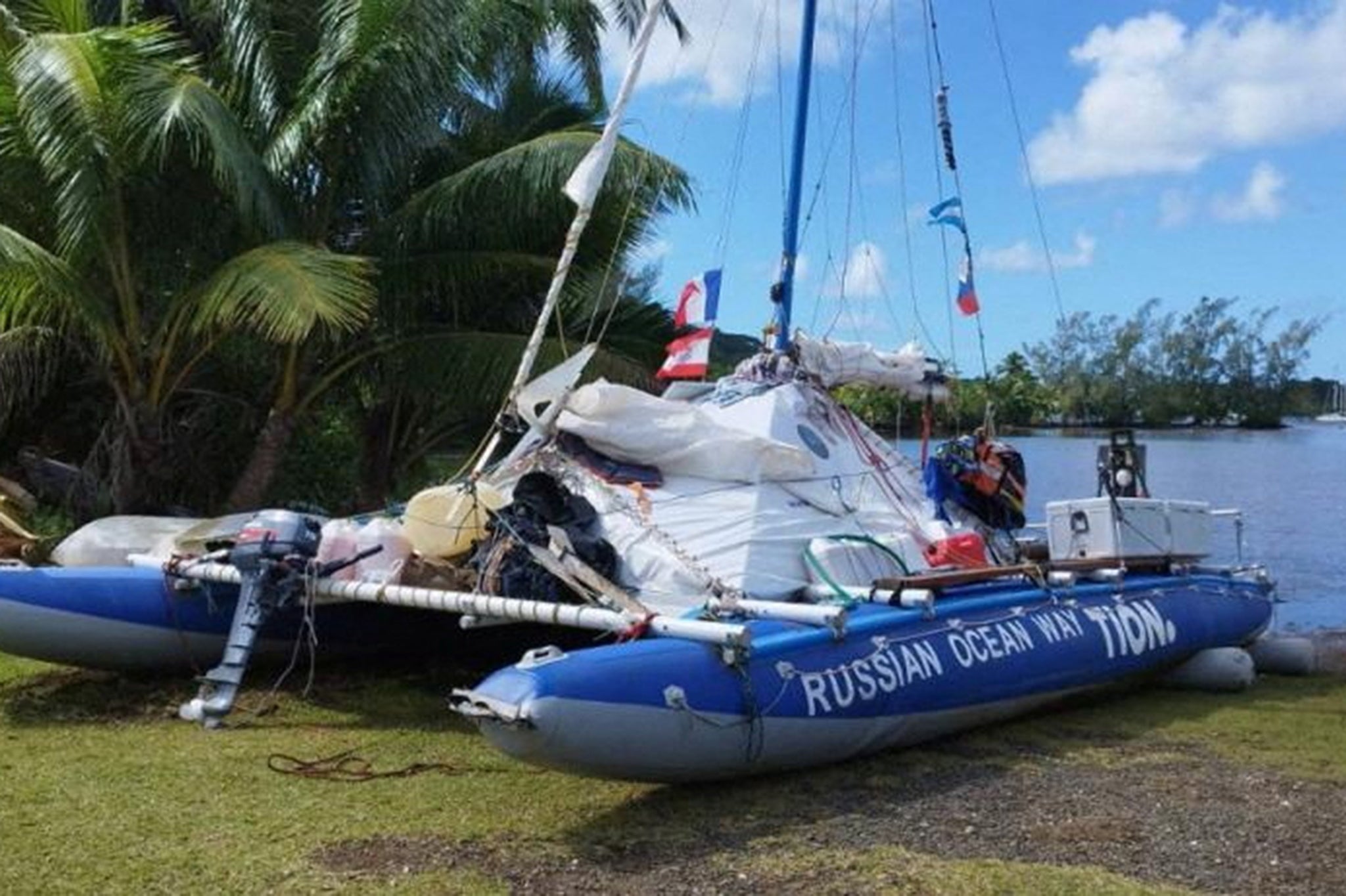 Catamaran, pictured in Tahiti in June, sailed under a Russian flag