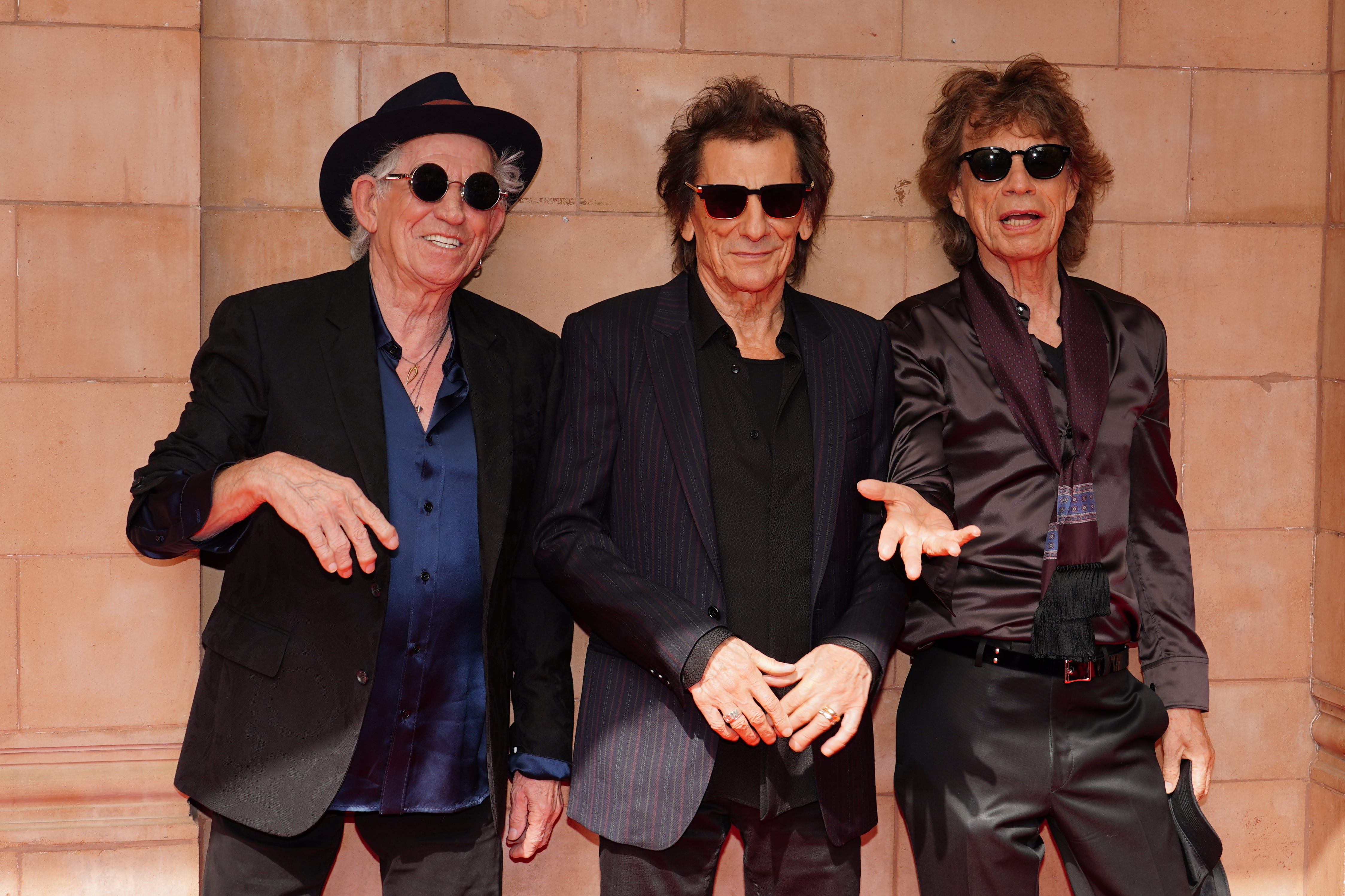 (left to right) Keith Richards, Ronnie Wood and Sir Mick Jagger at the Rolling Stones Hackney Diamonds launch event (Ian West/PA)