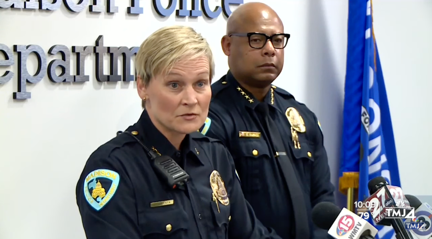 Madison Police Chief Shon Barnes (right) and Assistant Chief Paige Valenta at a press conference