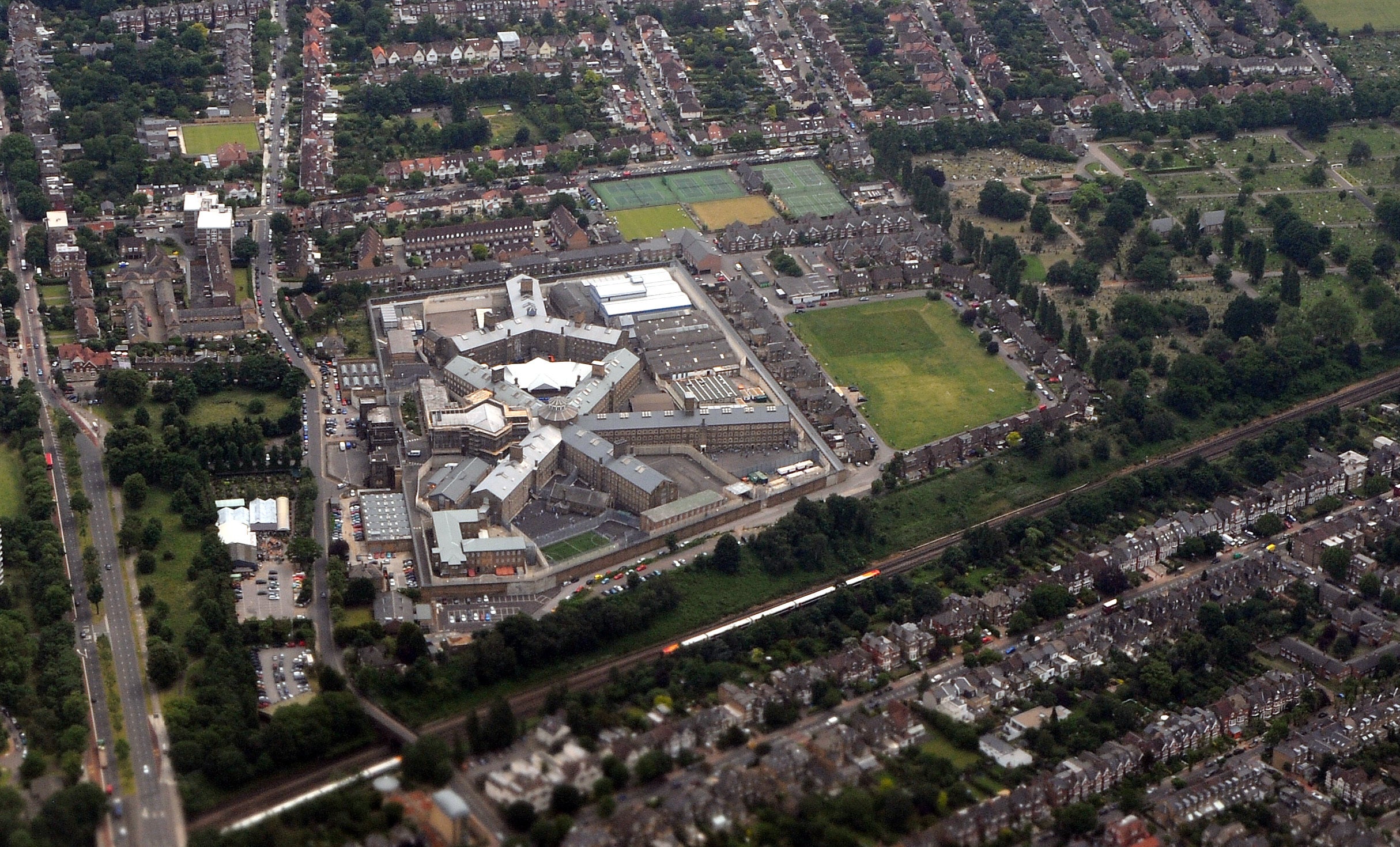 General view of Wandsworth Prison, taken from a commercial airline, London