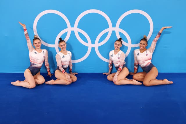 <p>British gymnasts pose during the Tokyo Olympics</p>