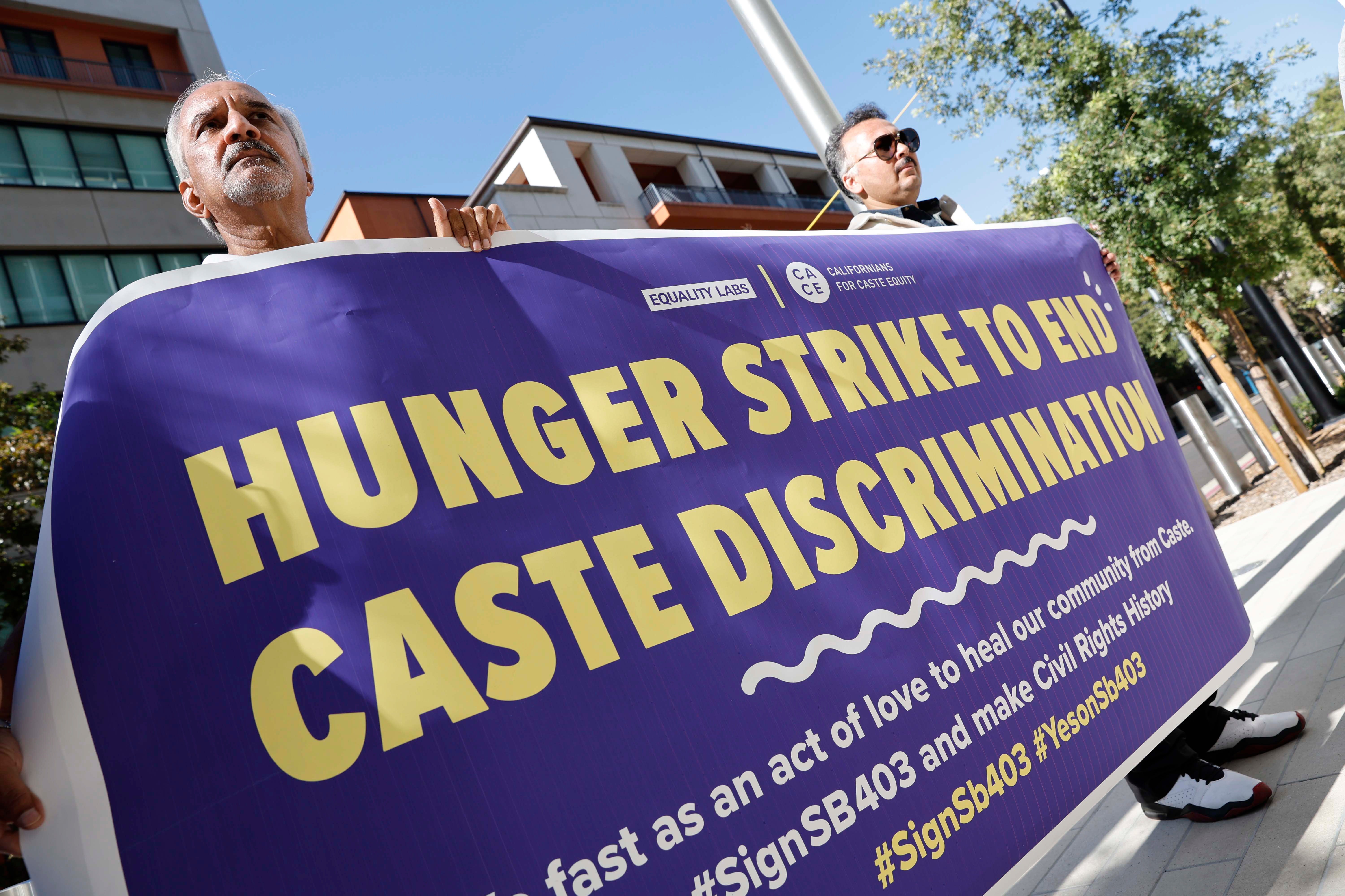 Caste Discrimination Bill SB 403 supporters stage a hunger strike outside the Capitol Annex Swing Space building in California
