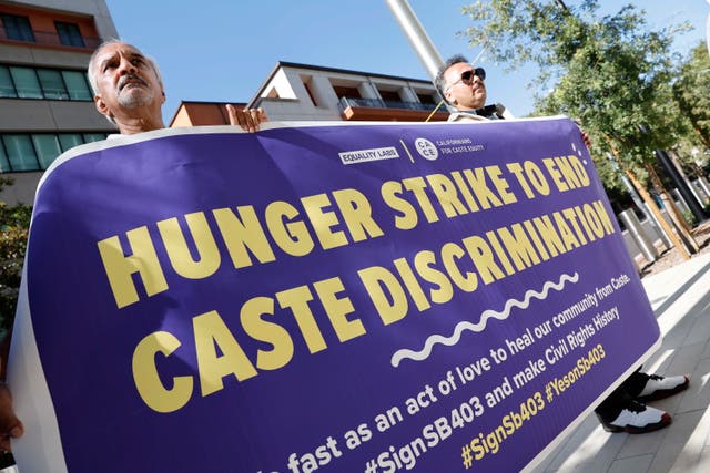 <p>Caste Discrimination Bill SB 403 supporters stage a hunger strike outside the Capitol Annex Swing Space building</p>