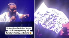 Drake gives fan $50,000 after reading his message on poster at Las Vegas concert