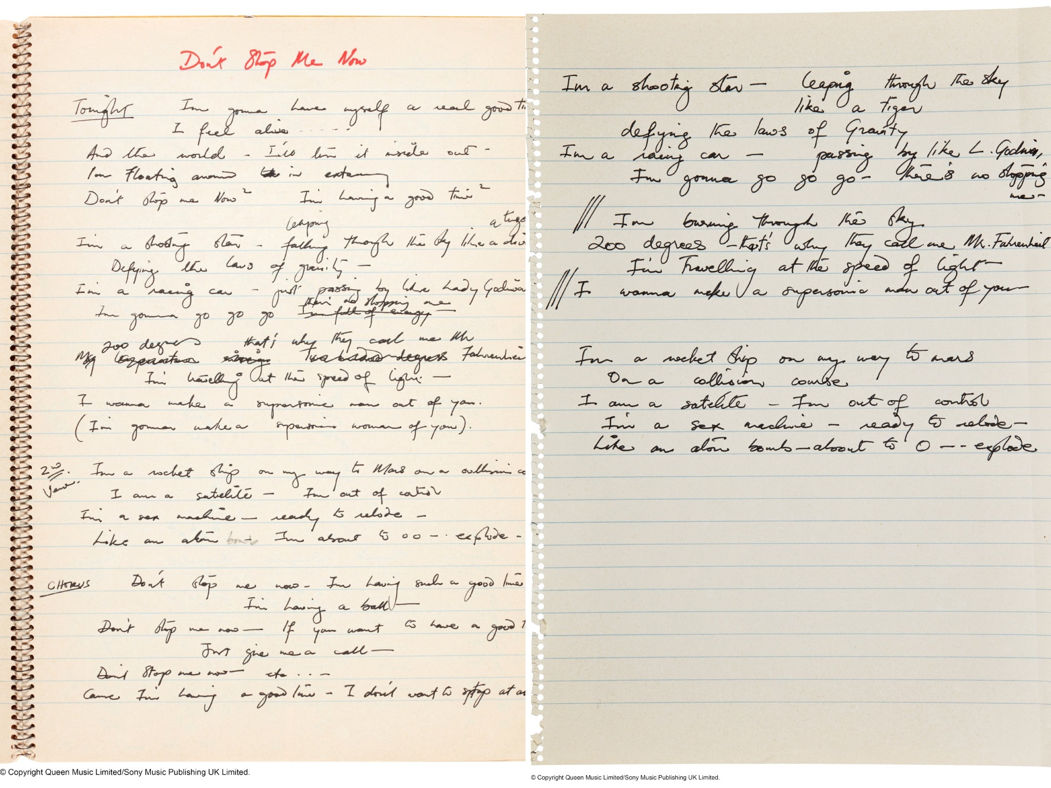 Lyrics to ‘Don’t Stop Me Now’ (1979) sold for ?317,500