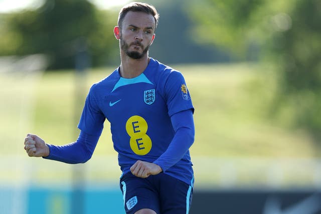 <p>James Maddison in England training at St George’s Park this week</p>