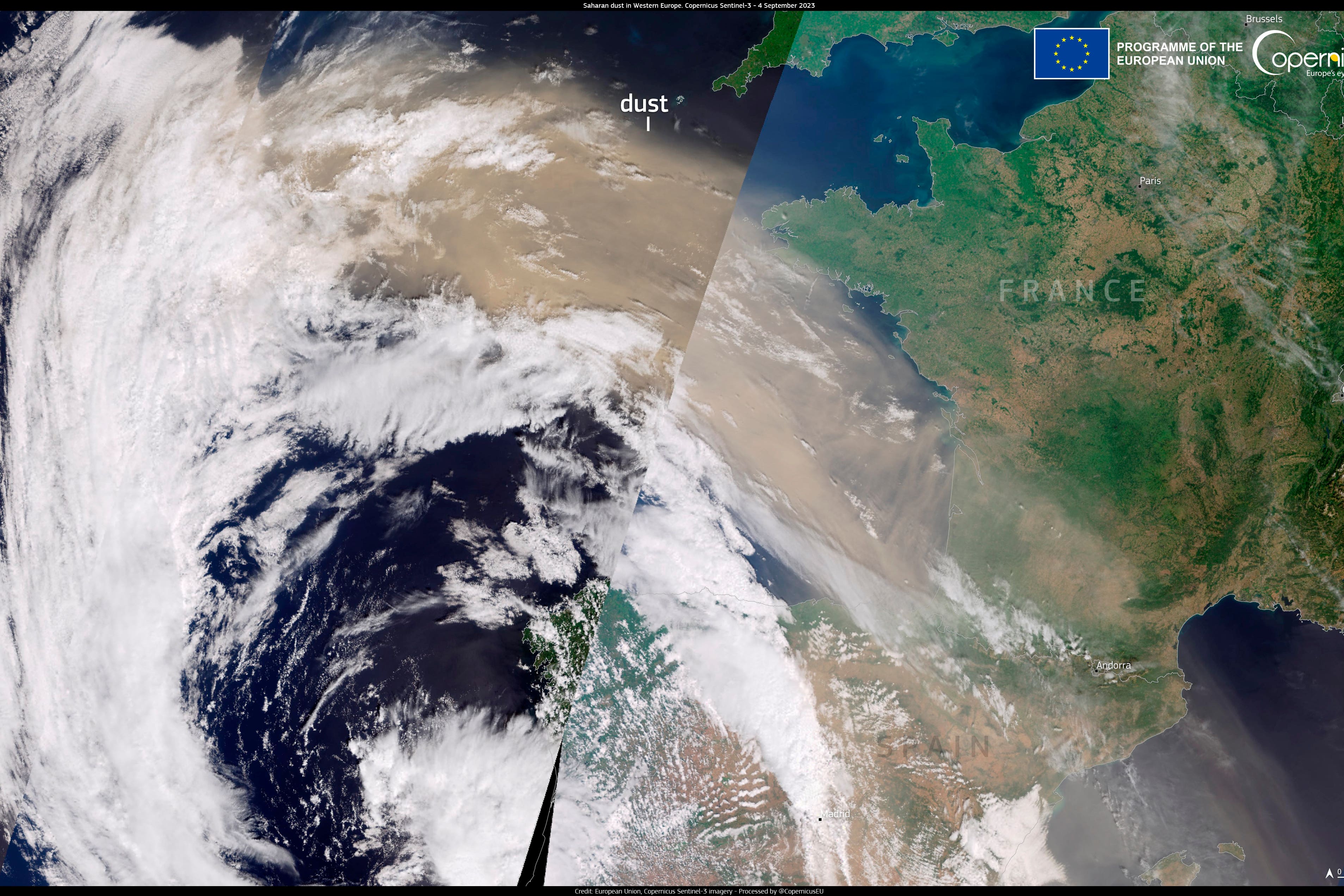 The Saharan dust plume has been swept north in the atmosphere and given rise to hazy evenings (European Union/Copernicus Sentinel-3 imagery/PA)