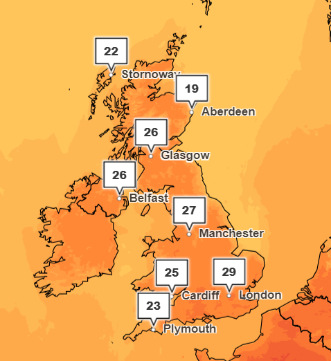 Parts of Scotland will reach 26C on Friday whereas the South of England will hit 29C