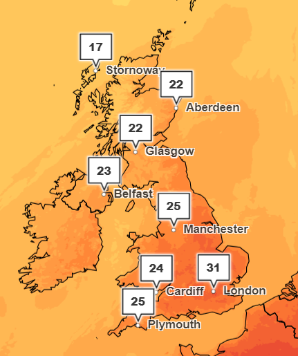 Saturday could be the hottest day of this year with London hitting at least 31C