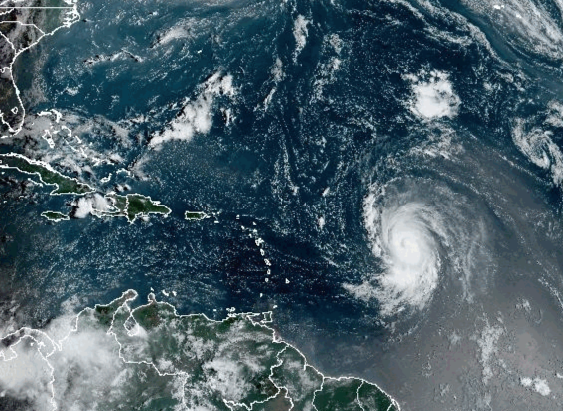 Hurricane Lee seen by satellite spinning towards the Lesser Antilles islands in the Caribbean