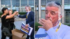 Ryanair chairman Michael O’Leary splattered  with pies by Belgian eco-activists