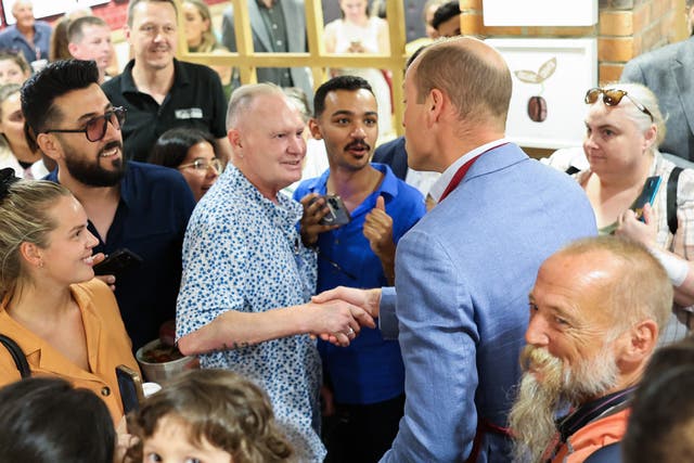 The Prince of Wales with Paul Gascoigne during a visit to a Pret A Manger in Bournemouth (Chris Jackson/PA)