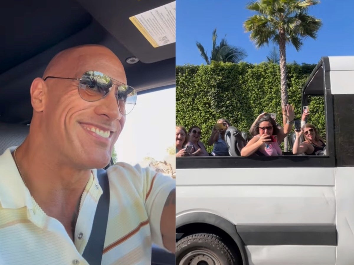 Dwayne Johnson surprises celebrity bus tour in Los Angeles: ‘Did you guys go to my house yet?’