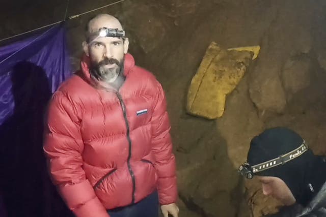 <p>In this screen grab from video, American caver Mark Dickey, 40, talks to camera next to a colleague inside the Morca cave near Anamur, southern Turkey, Thursday, Sept. 7, 2023.</p>