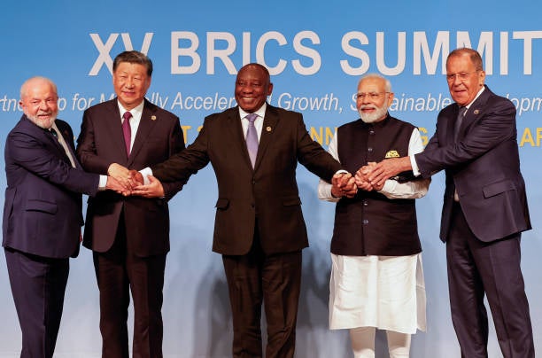 Brics leaders pose for family photo during the 2023 Brics Summit at the Sandton Convention Centre in Johannesburg