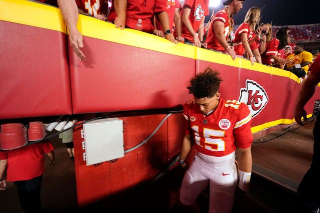 Kansas City Chiefs quarterback Patrick Mahomes heads to the locker room after the loss to Detroit (Charlie Riedel/AP)