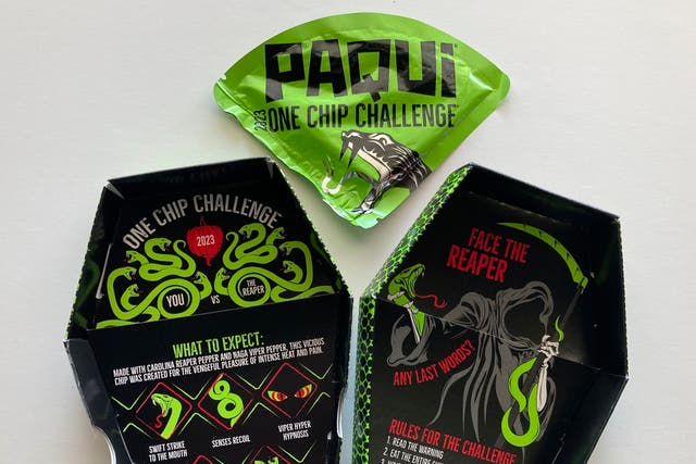 <p>A package of Paqui OneChipChallenge spicy tortilla chips</p>