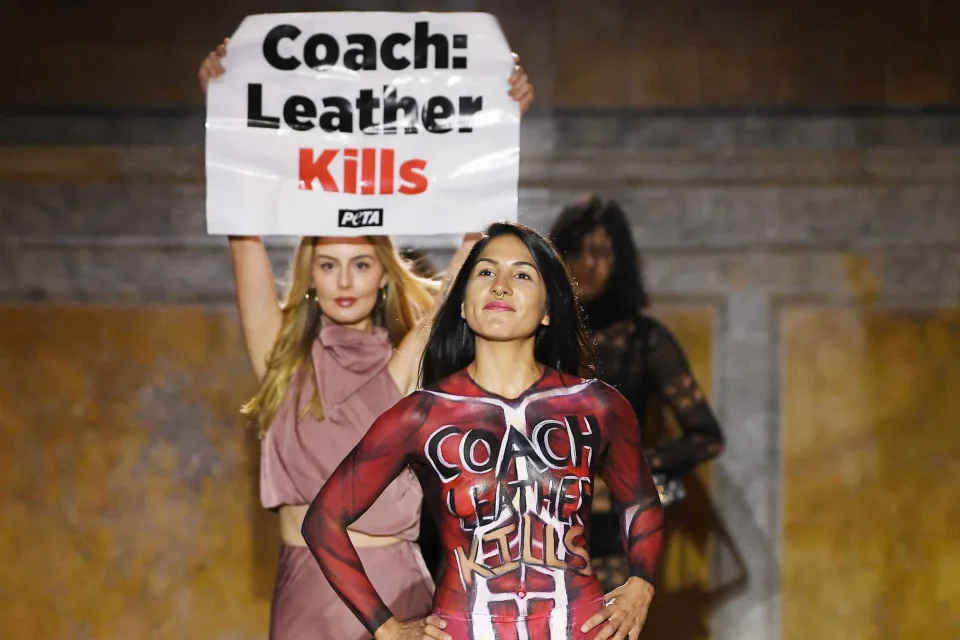 The activists were protesting the use of leather in Coach fashion products