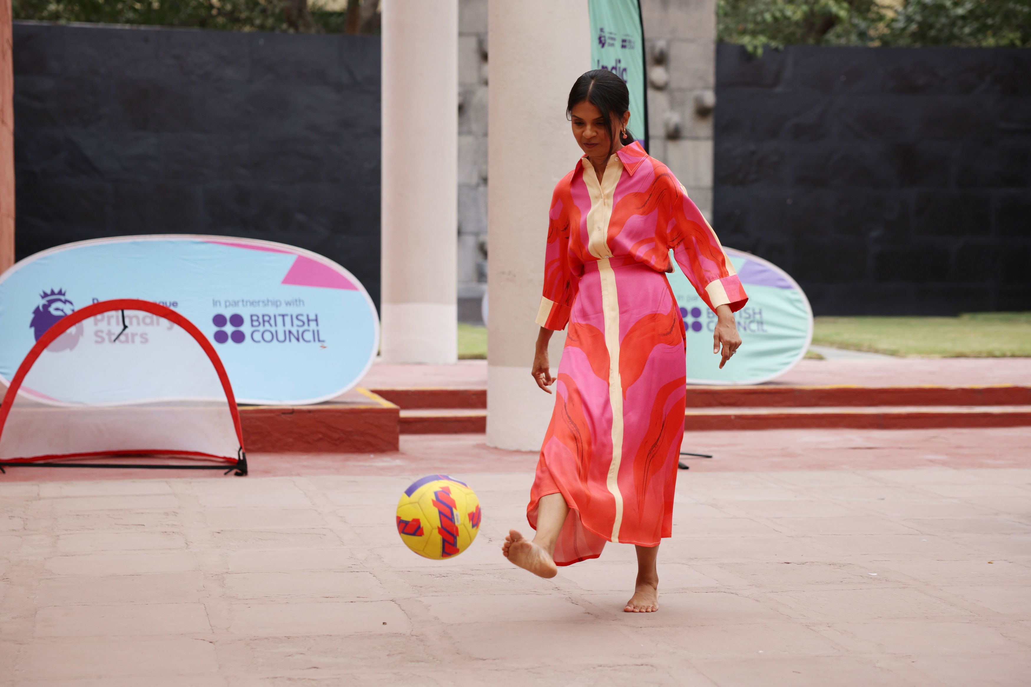 Prime Minister Rishi Sunak’s wife Akshata Murty plays football with local schoolchildren at the British Council during an official visit ahead of the G20 Summit in New Delhi