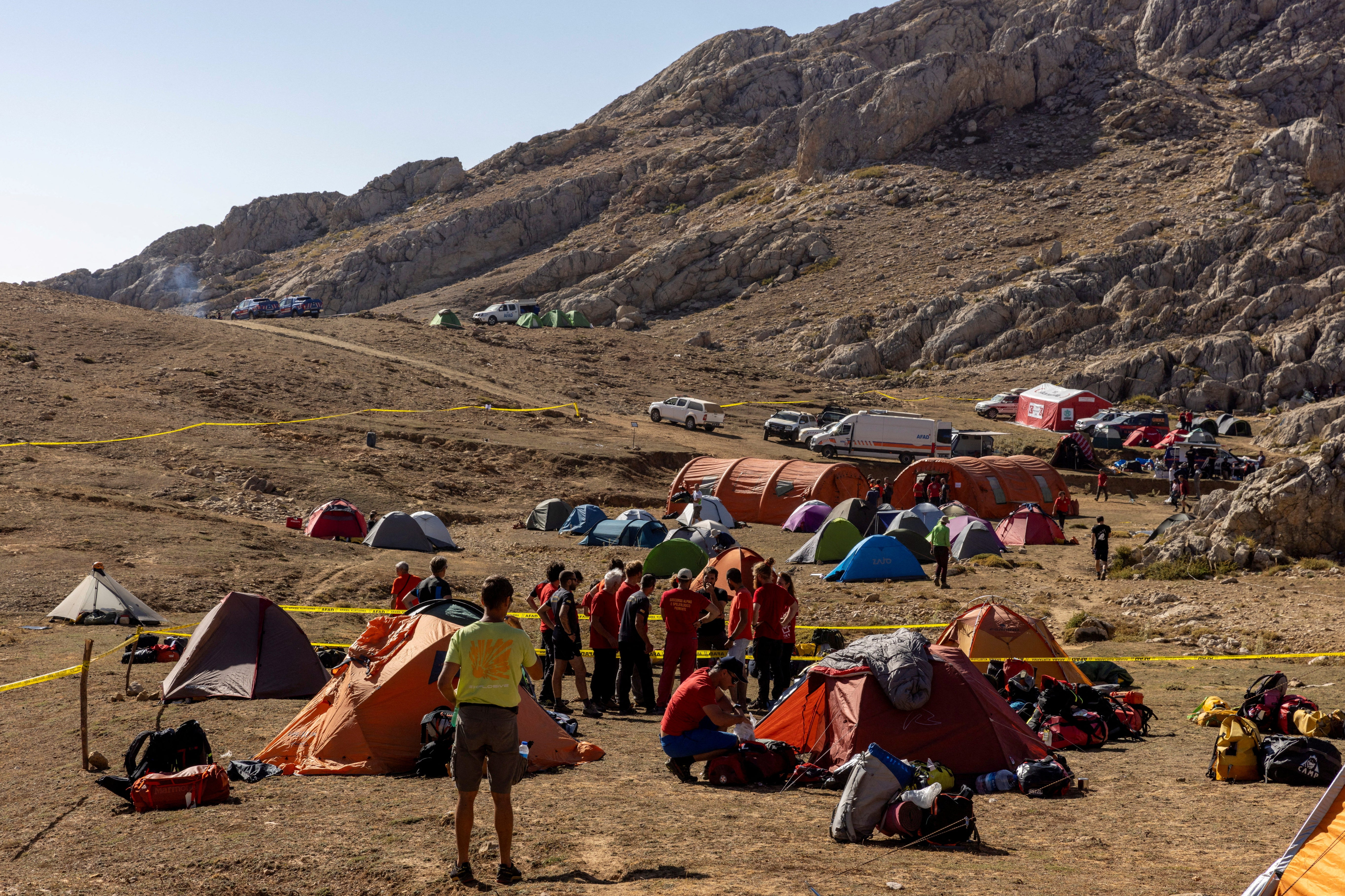 The base camp of international rescuers is seen near the Morca Cave