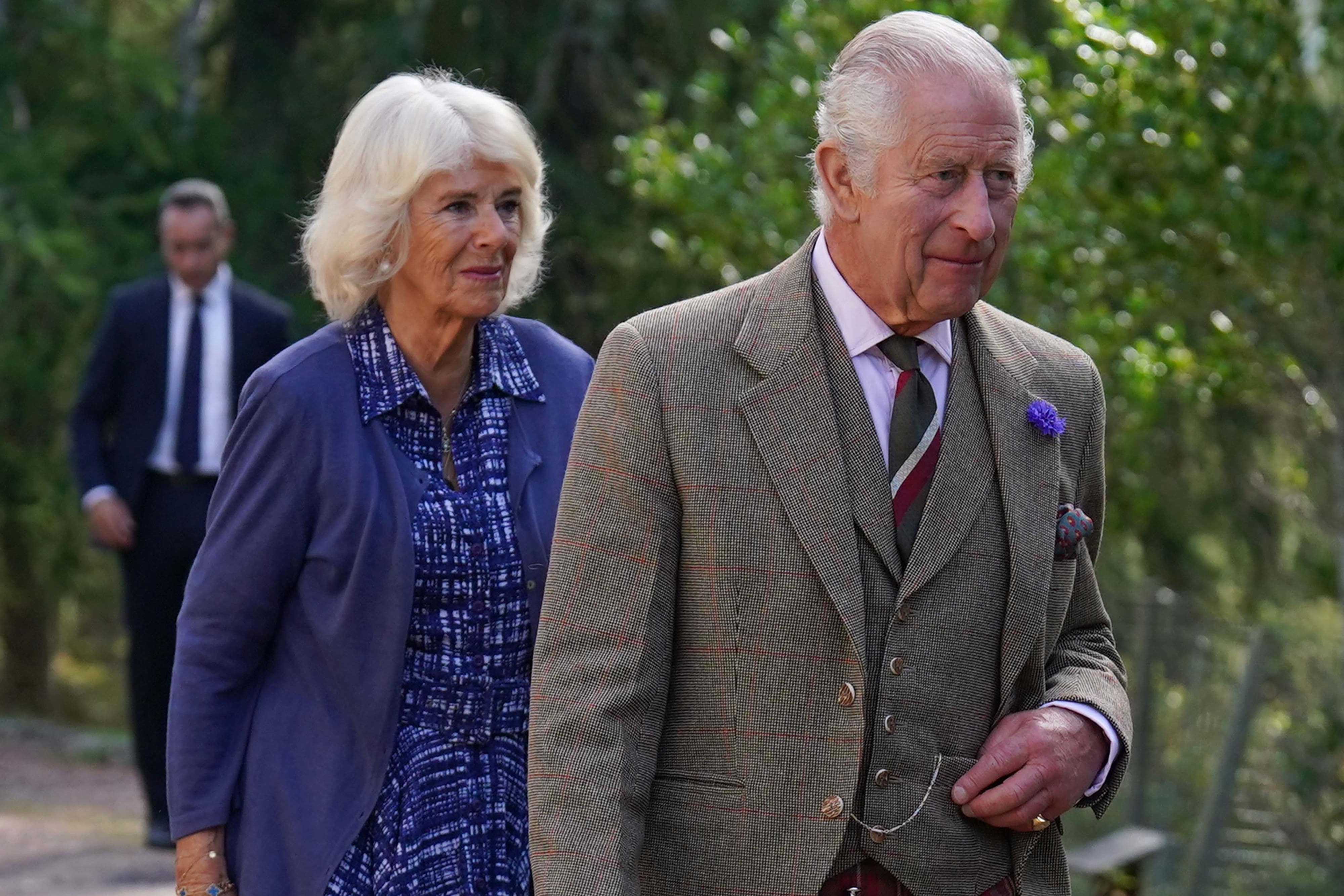 The King and Queen leave Crathie Parish Church, near Balmoral, after a church service to mark the first anniversary of the death of Queen Elizabeth II (Andrew Milligan/PA)