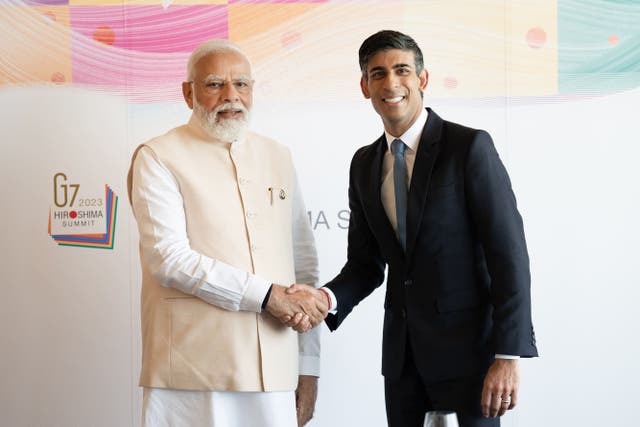 Rishi Sunak said he would broach the topic of UK-India trade talks when he meets Narendra Modi at the G20 (Stefan Rousseau/PA)