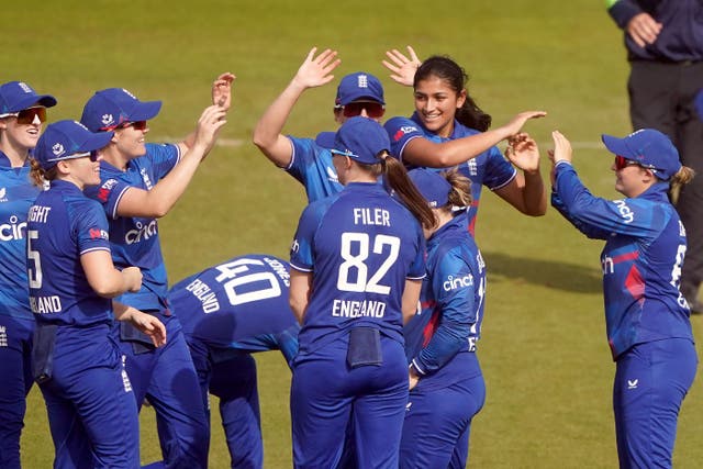 England’s Mahika Gaur celebrates a wicket against Sri Lanka (Owen Humphreys/PA).