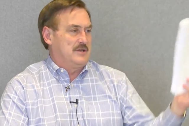 <p>Mike Lindell appears for a taped deposition in March 2023 for a defamation lawsuit from a former Dominion Voting Systems executive.</p>