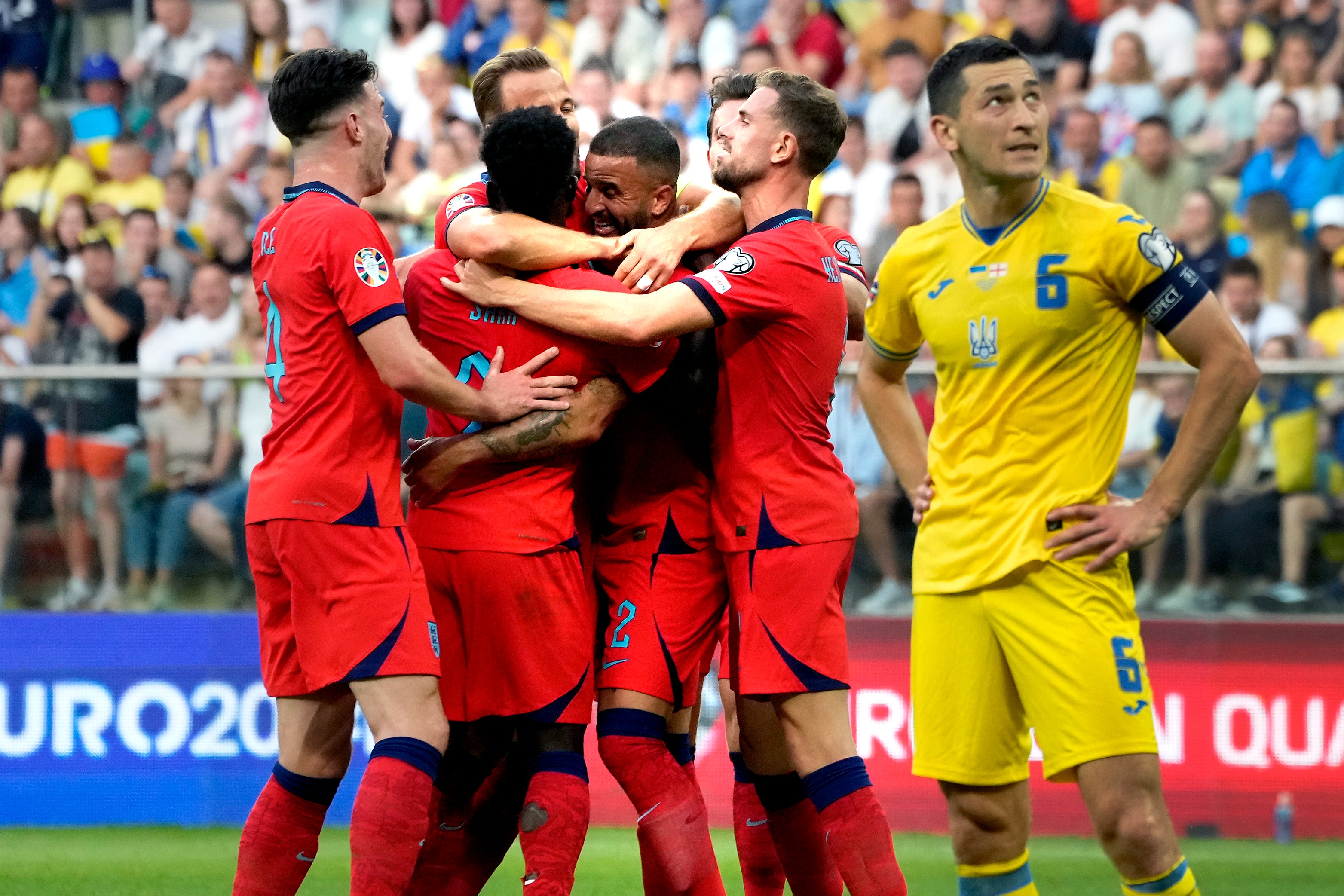 Kyle Walker celebrates his first goal for England