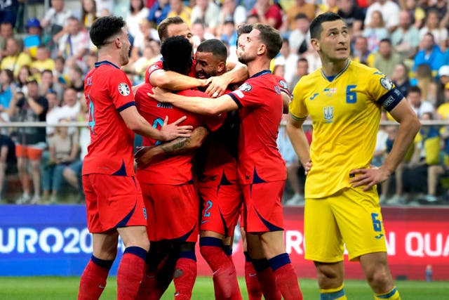 <p>Kyle Walker celebrates his first goal for England </p>