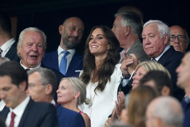 The Princess of Wales in the stands with Sir Bill Beaumont, chairman of World Rugby, left, before the 2023 Rugby World Cup Pool D match in Marseille, France (Mike Egerton/PA)