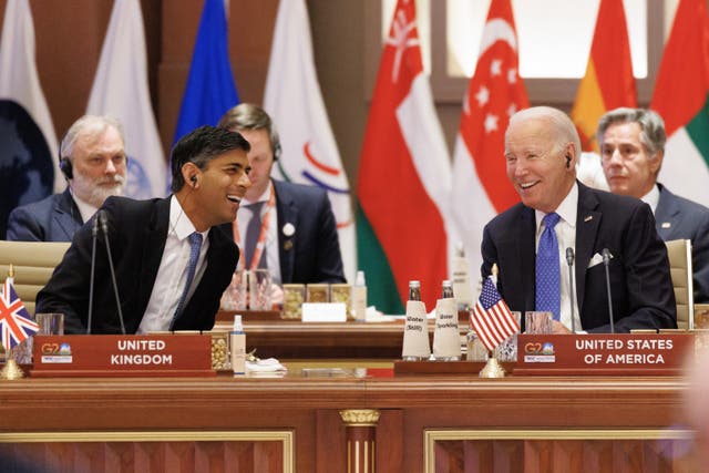 Prime Minister Rishi Sunak speaks to US President Joe Biden during the G20 Summit in New Delhi, India (Dan Kitwood/PA)