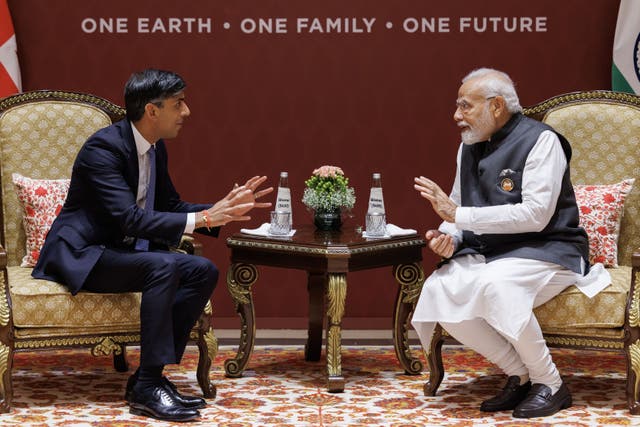 Rishi Sunak and Indian Prime Minister Narendra Modi met on the fringes of the G20 summit in New Delhi (Dan Kitwood/PA)