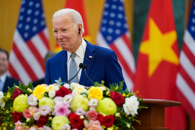 <p>U.S. President Joe Biden and Vietnam's General Secretary Nguyen Phu Trong, unseen, deliver remarks after their meeting at the Communist Party of Vietnam Headquarters, in Hanoi, Vietnam, Sunday, Sept. 10, 2023. (AP Photo/Evan Vucci)</p>