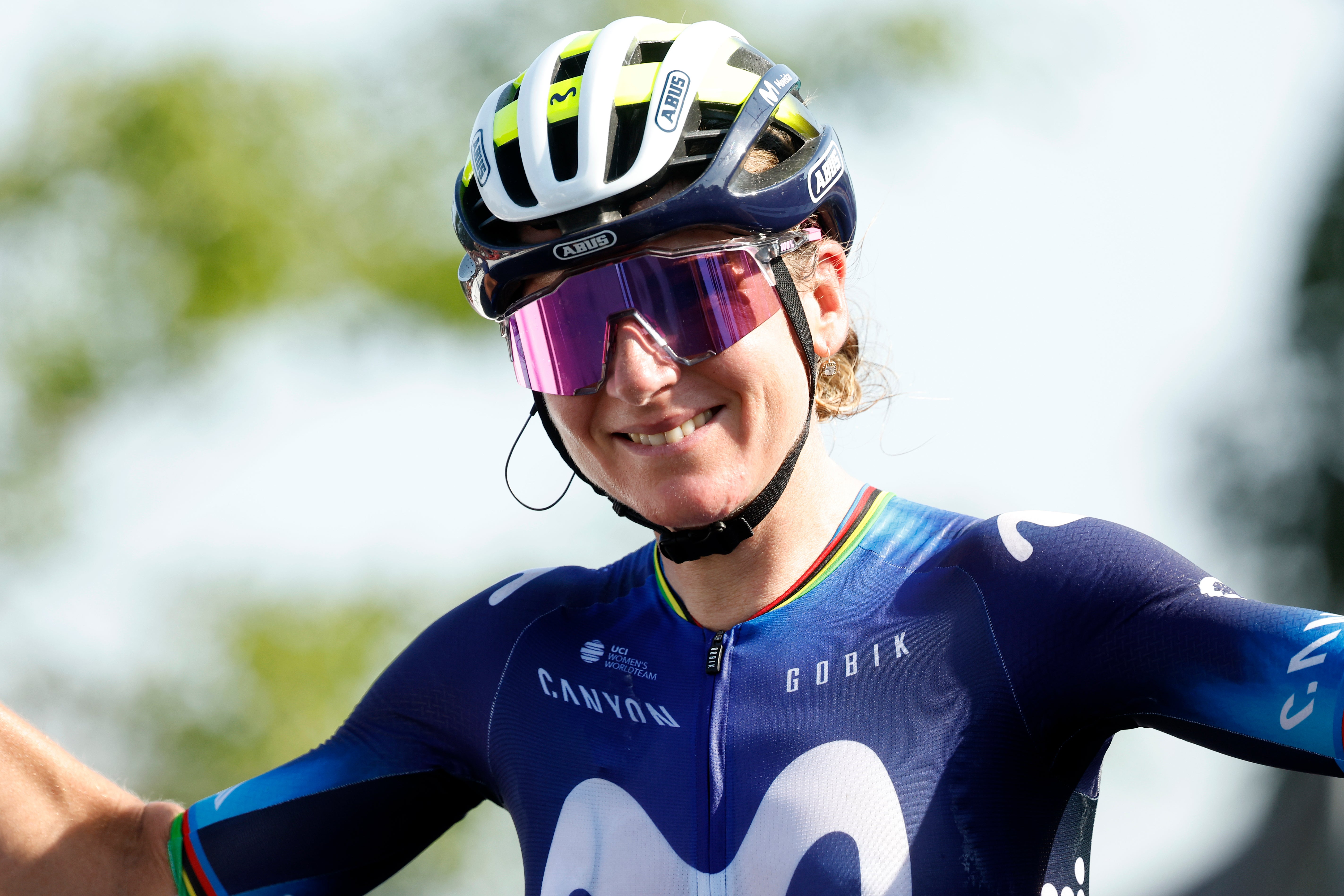 Annemiek Van Vleuten reacts crossing the finish line as her last race as professional rider during the 25th Simac Ladies Tour 2023 in Arnhem